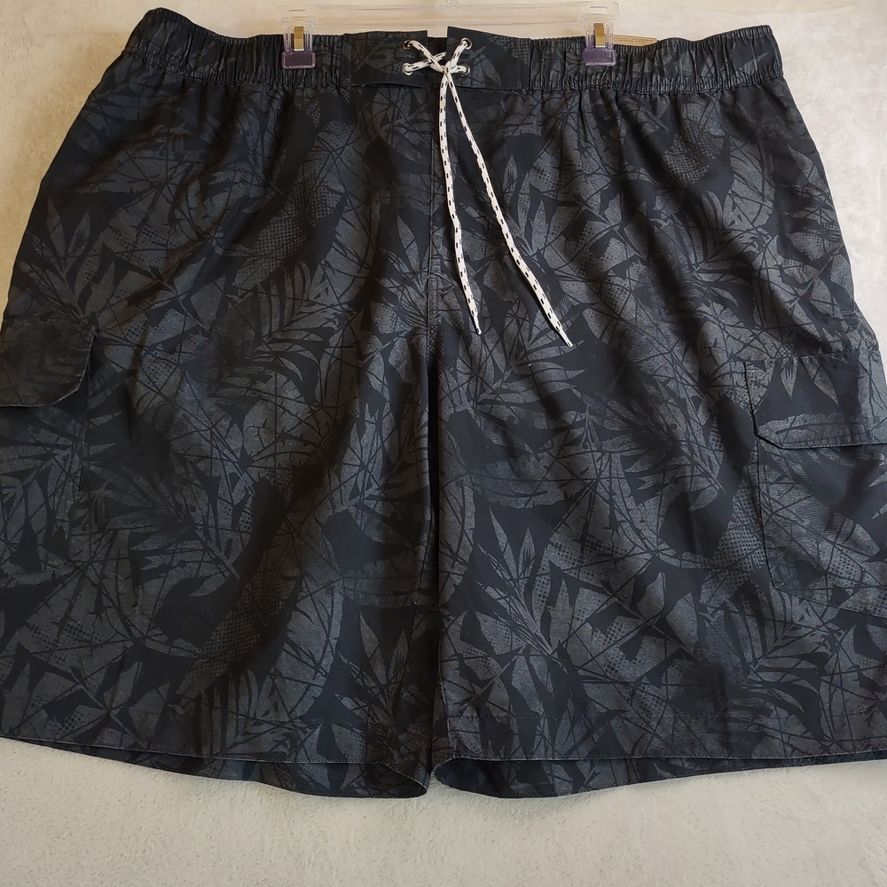 The Foundry Supply Co. Black Leaf Pattern Swim Shorts